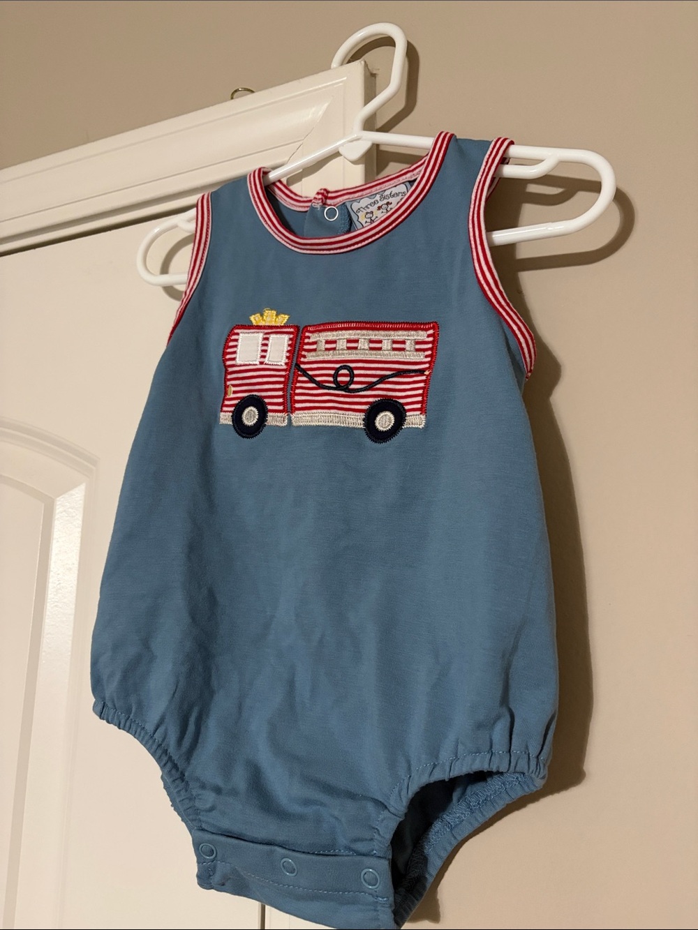 Blue Baby Romper with Fire Truck Applique